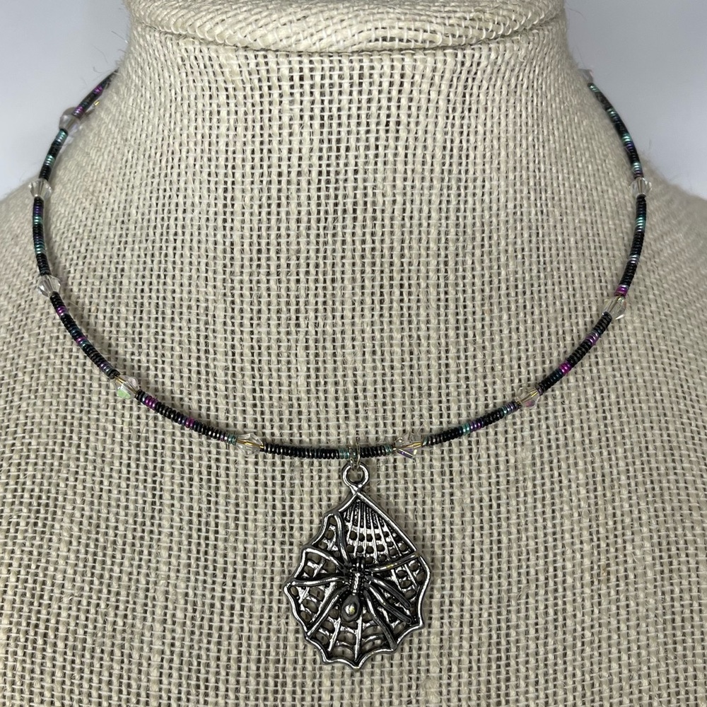Handmade Wire Wrapped Beaded Necklace with Spiderweb Pendant